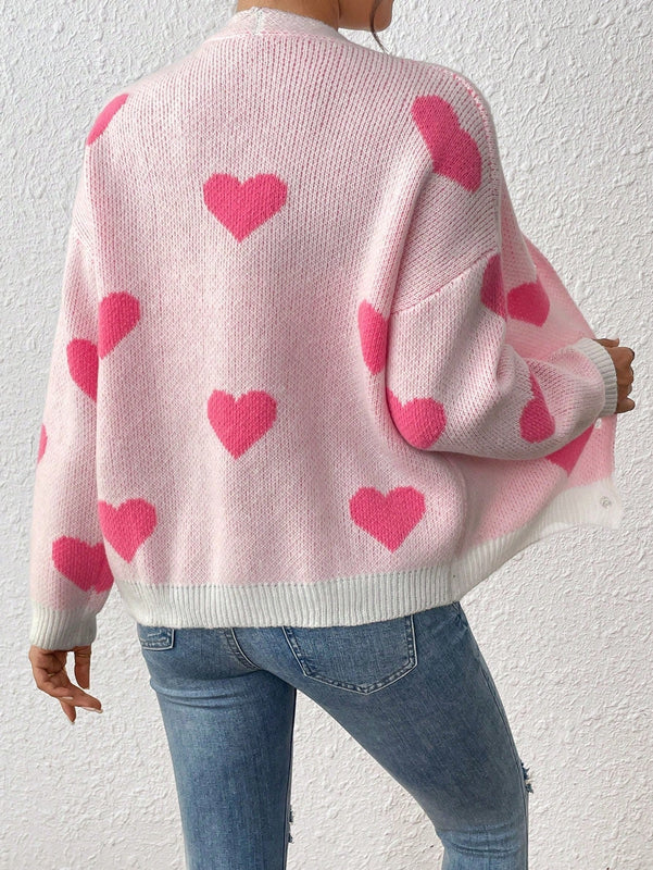 Essnce cardigan informal holgado monobotonadura de manga larga con caida en los hombros y estampado de corazon para mujer, otono/invierno