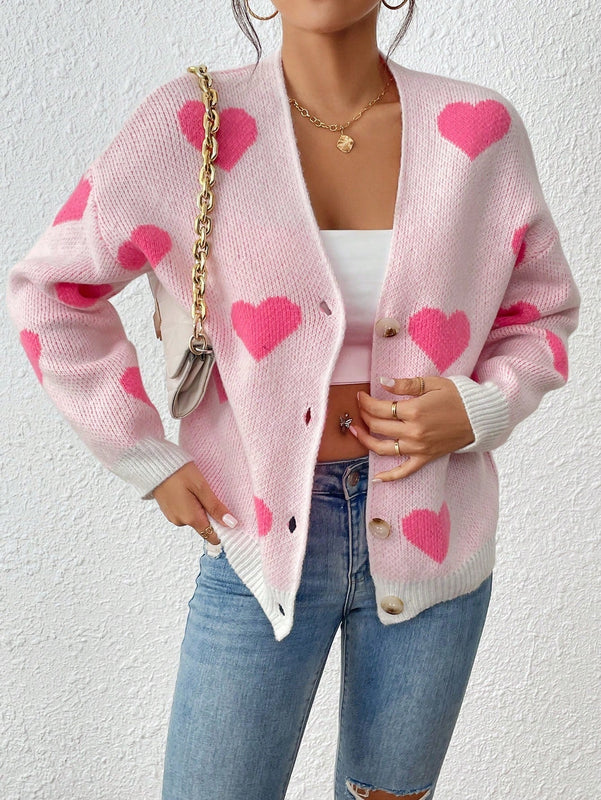 Essnce cardigan informal holgado monobotonadura de manga larga con caida en los hombros y estampado de corazon para mujer, otono/invierno