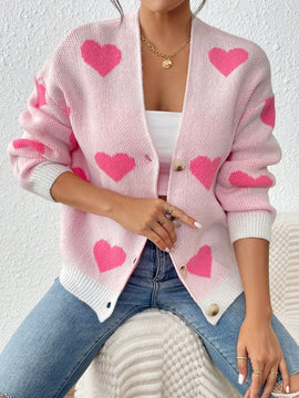 Essnce sueter de cardigan grueso y calido con patron de corazones verdes y blancos para mujer