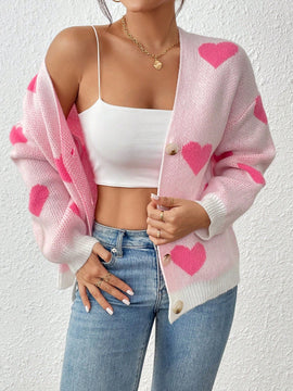 Essnce cardigan informal holgado monobotonadura de manga larga con caida en los hombros y estampado de corazon para mujer, otono/invierno