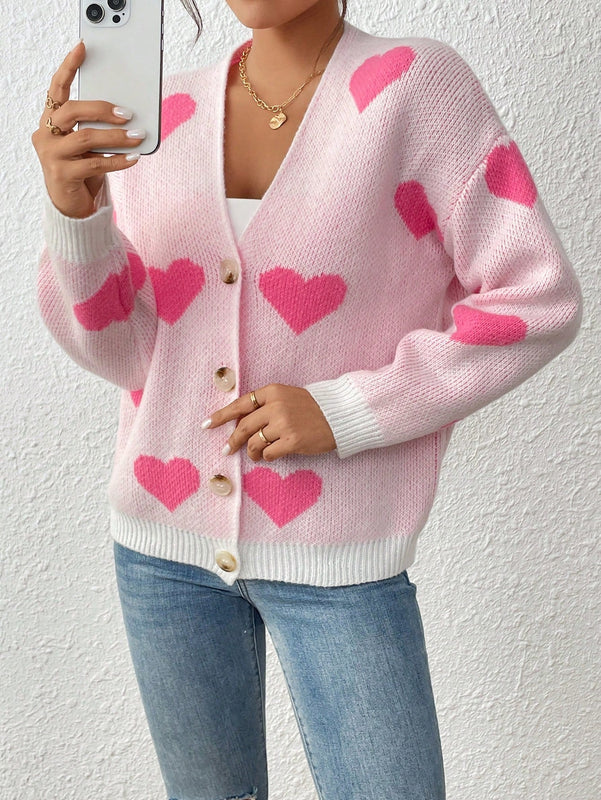 Essnce cardigan informal holgado monobotonadura de manga larga con caida en los hombros y estampado de corazon para mujer, otono/invierno