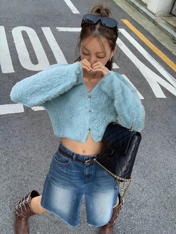 Essnce nuevo cardigan holgado con cuello en v de mujer, informal, oversize, de manga de murcielago y falso pelo