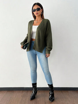 Petite cardigan de mujer de manga larga, verde retro, sueter adecuado para navidad y halloween, apropiado para otono e invierno