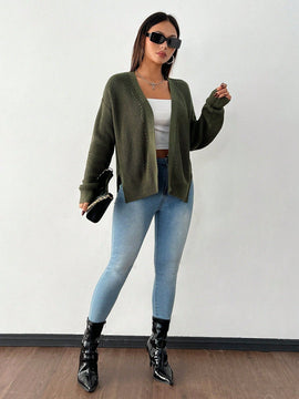 Petite cardigan de mujer de manga larga, verde retro, sueter adecuado para navidad y halloween, apropiado para otono e invierno
