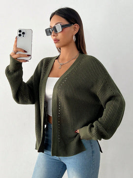 Petite cardigan de mujer de manga larga, verde retro, sueter adecuado para navidad y halloween, apropiado para otono e invierno