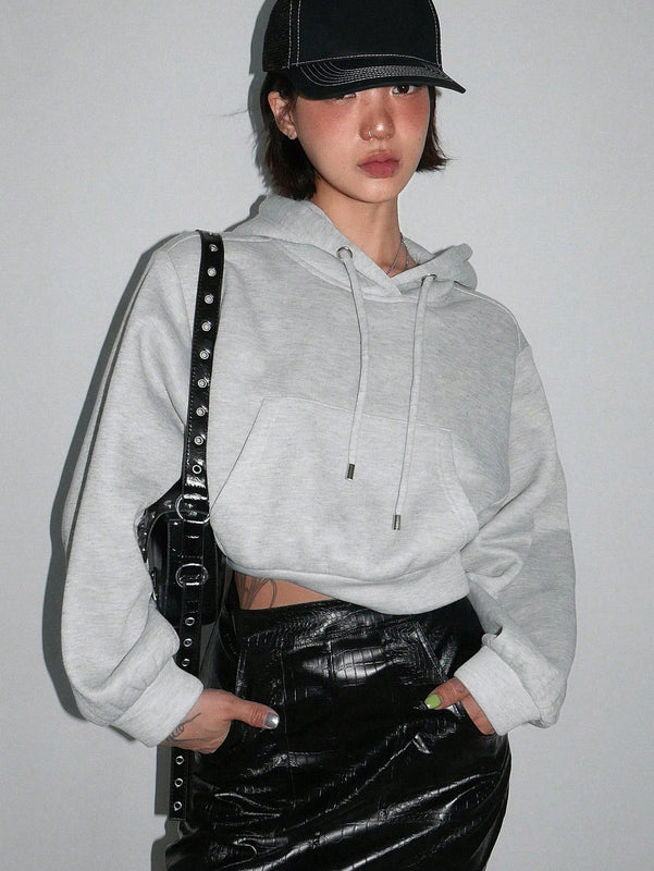 Dazy sudadera con capucha corta de unicolor informal para mujer, de manga larga, para otono/invierno