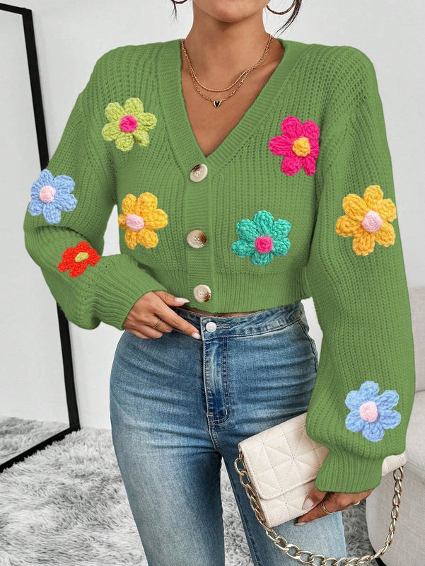 Essnce 1 pieza blusa de manga larga con botones al frente y decoracion floral, diseno minimalista para uso casual diario