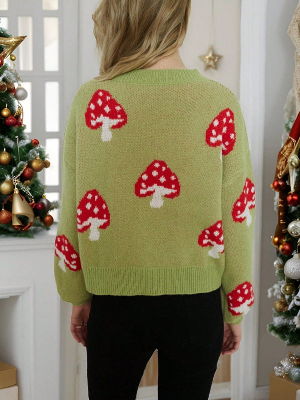 Lune cardigan de punto de punto abierto con grafico de seta de corte holgado, para otono/invierno