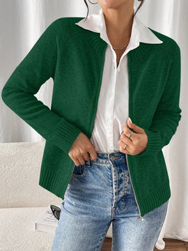 Essnce cardigan casual de mangas raglan con cierre delantero de cremallera, de unicolor, para otono/invierno