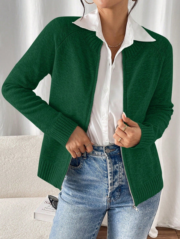 Essnce cardigan casual de mangas raglan con cierre delantero de cremallera, de unicolor, para otono/invierno