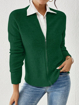 Essnce cardigan casual de mangas raglan con cierre delantero de cremallera, de unicolor, para otono/invierno