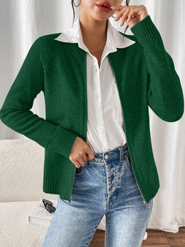 Essnce cardigan casual de mangas raglan con cierre delantero de cremallera, de unicolor, para otono/invierno