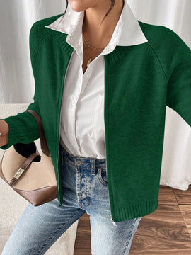 Essnce cardigan casual de mangas raglan con cierre delantero de cremallera, de unicolor, para otono/invierno