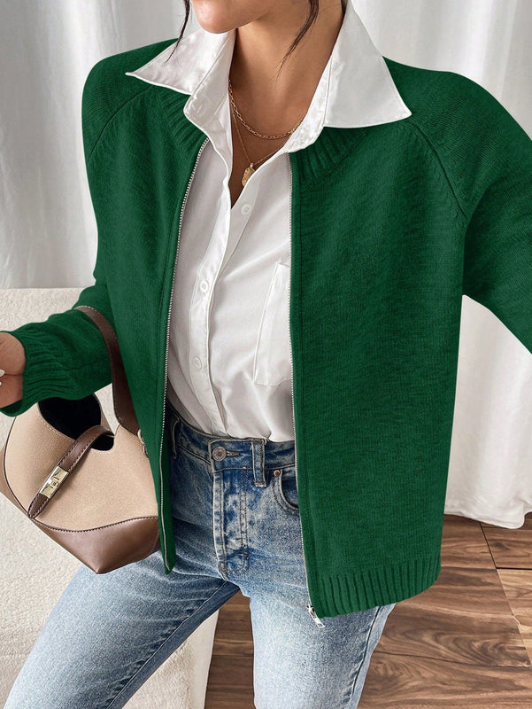 Essnce cardigan casual de mangas raglan con cierre delantero de cremallera, de unicolor, para otono/invierno