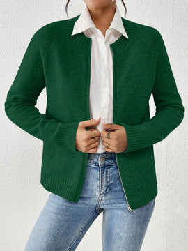 Essnce cardigan casual de mangas raglan con cierre delantero de cremallera, de unicolor, para otono/invierno