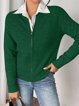 Essnce cardigan casual de mangas raglan con cierre delantero de cremallera, de unicolor, para otono/invierno