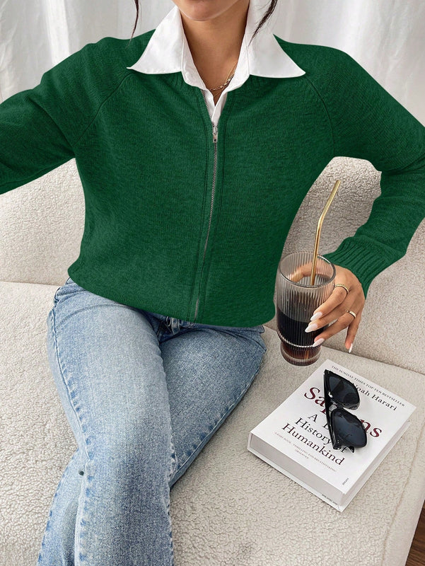 Essnce cardigan casual de mangas raglan con cierre delantero de cremallera, de unicolor, para otono/invierno