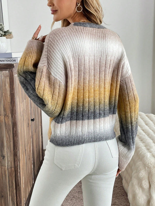 Relaxiva cardigan de punto con botones delanteros, manga larga, de color ombre, hecho de un hilado jaspeado y tejido de nervio