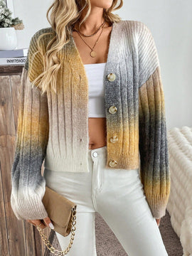 Relaxiva cardigan de punto con botones delanteros, manga larga, de color ombre, hecho de un hilado jaspeado y tejido de nervio