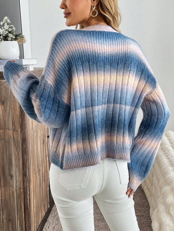 Relaxiva cardigan de punto con botones delanteros, manga larga, de color ombre, hecho de un hilado jaspeado y tejido de nervio