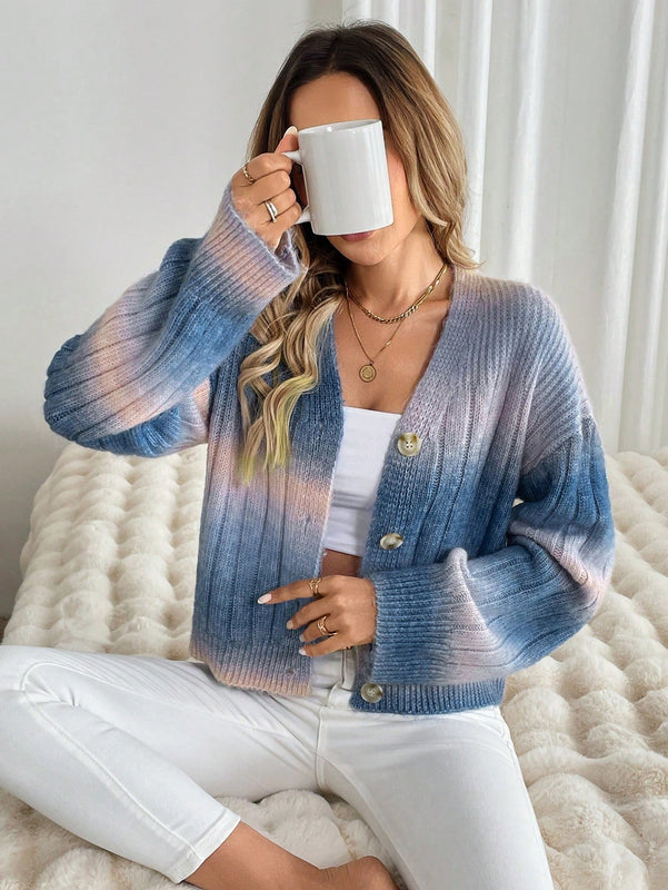 Relaxiva cardigan de punto con botones delanteros, manga larga, de color ombre, hecho de un hilado jaspeado y tejido de nervio
