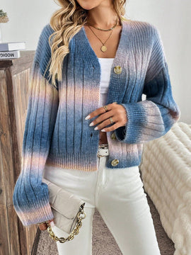 Relaxiva cardigan de punto con botones delanteros, manga larga, de color ombre, hecho de un hilado jaspeado y tejido de nervio