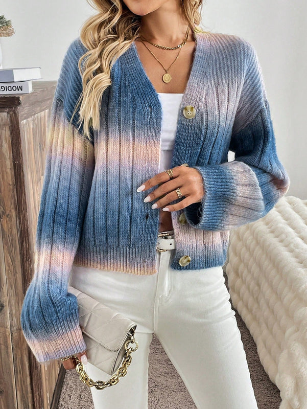 Relaxiva cardigan de punto con botones delanteros, manga larga, de color ombre, hecho de un hilado jaspeado y tejido de nervio