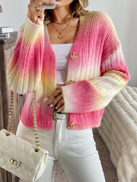Relaxiva cardigan de punto con botones delanteros, manga larga, de color ombre, hecho de un hilado jaspeado y tejido de nervio