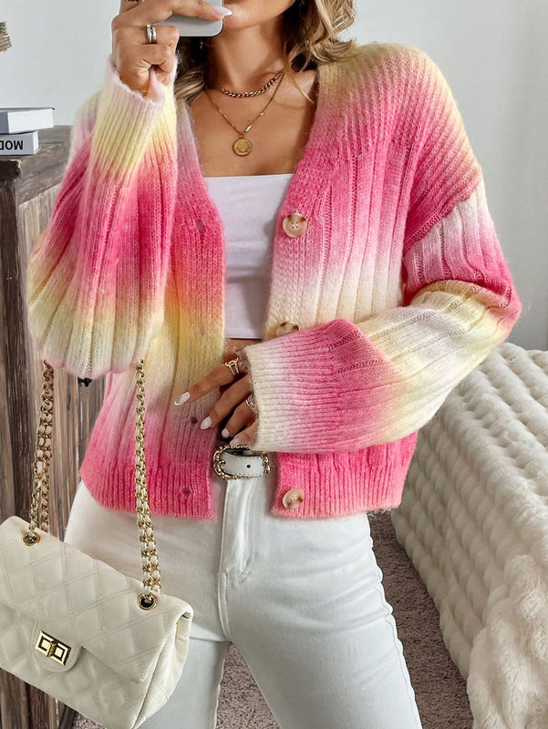 Relaxiva cardigan de punto con botones delanteros, manga larga, de color ombre, hecho de un hilado jaspeado y tejido de nervio