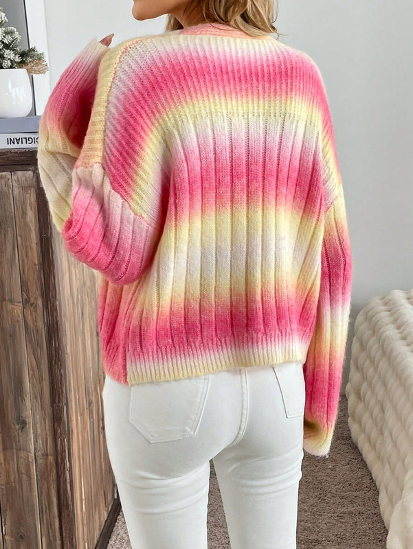 Relaxiva cardigan de punto con botones delanteros, manga larga, de color ombre, hecho de un hilado jaspeado y tejido de nervio