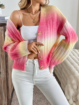 Relaxiva cardigan de punto con botones delanteros, manga larga, de color ombre, hecho de un hilado jaspeado y tejido de nervio
