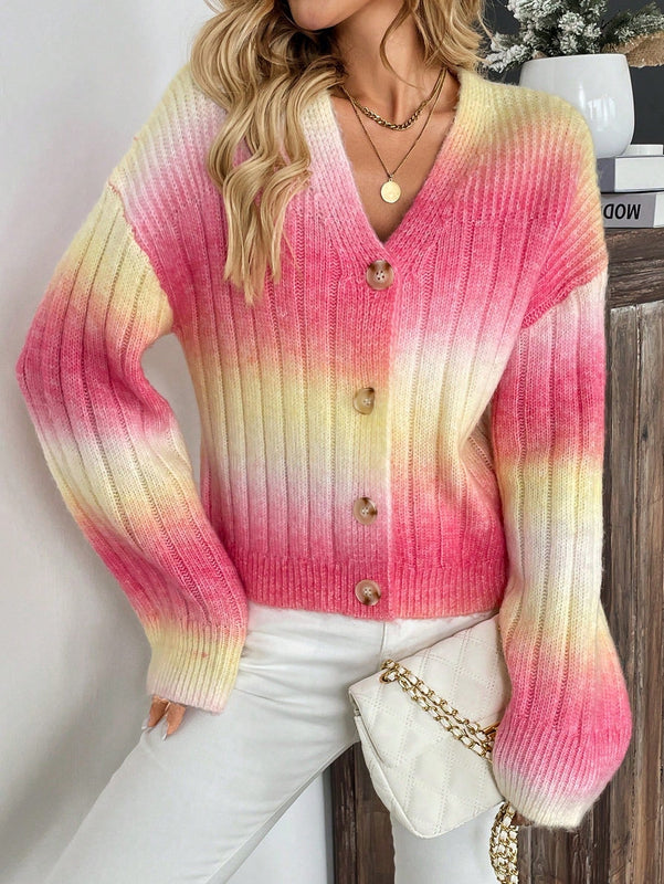 Relaxiva cardigan de punto con botones delanteros, manga larga, de color ombre, hecho de un hilado jaspeado y tejido de nervio