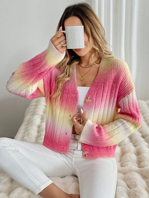 Relaxiva cardigan de punto con botones delanteros, manga larga, de color ombre, hecho de un hilado jaspeado y tejido de nervio