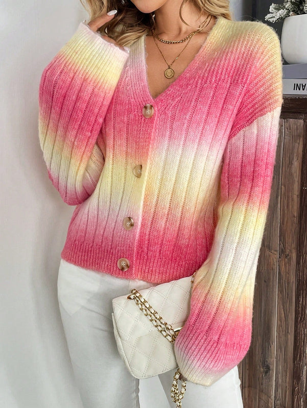 Relaxiva cardigan de punto con botones delanteros, manga larga, de color ombre, hecho de un hilado jaspeado y tejido de nervio
