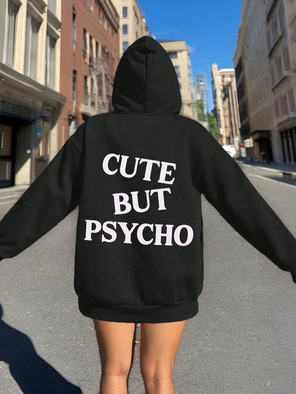 Ezwear sudadera holgada con grafico impreso "cute but psycho" de estilo minimalista casual, apta para otono e invierno