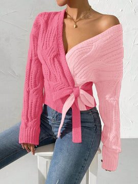 Prive cardigan cruzado con bloqueo de color y nudo frontal, para otono/invierno