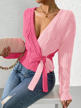 Prive cardigan cruzado con bloqueo de color y nudo frontal, para otono/invierno