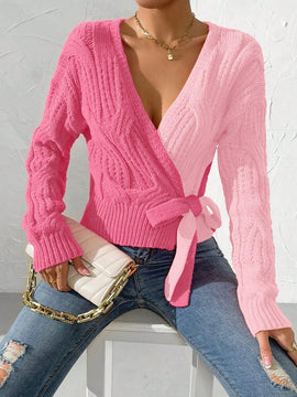 Prive cardigan cruzado con bloqueo de color y nudo frontal, para otono/invierno