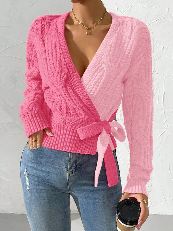 Prive cardigan cruzado con bloqueo de color y nudo frontal, para otono/invierno