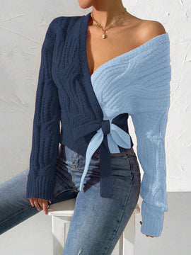 Prive cardigan cruzado con bloqueo de color y nudo frontal, para otono/invierno