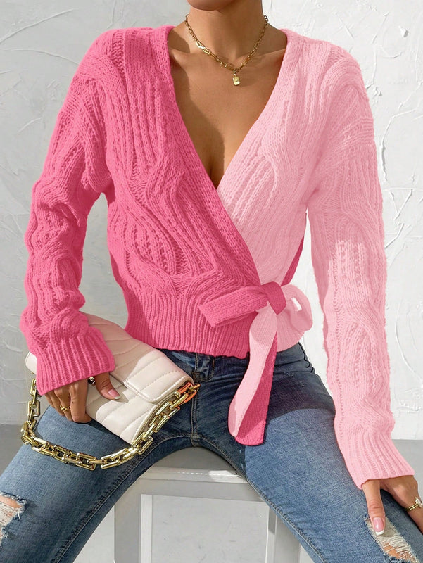 Prive cardigan cruzado con bloqueo de color y nudo frontal, para otono/invierno