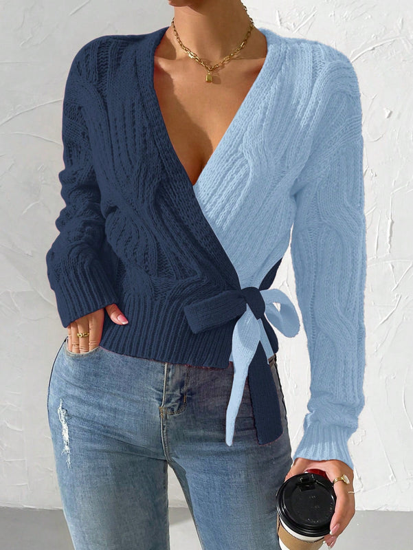 Prive cardigan cruzado con bloqueo de color y nudo frontal, para otono/invierno