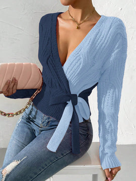 Prive cardigan cruzado con bloqueo de color y nudo frontal, para otono/invierno