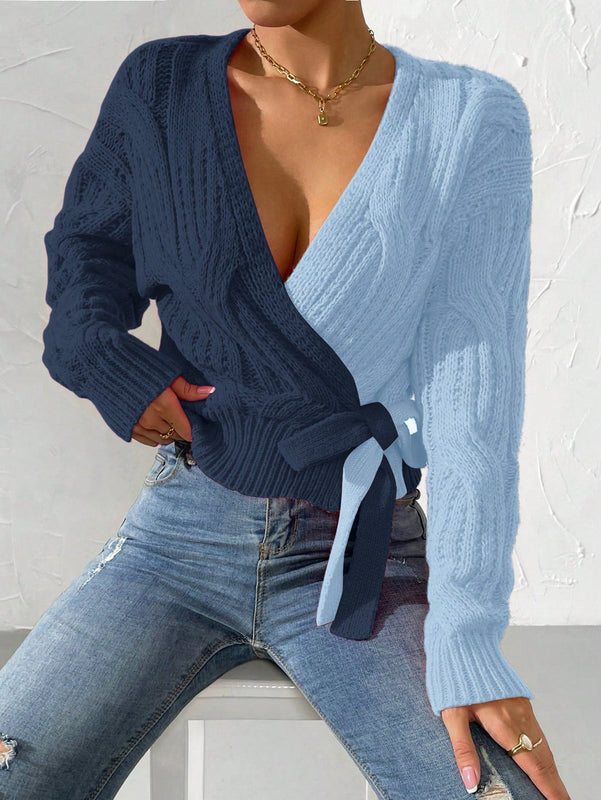 Prive cardigan cruzado con bloqueo de color y nudo frontal, para otono/invierno