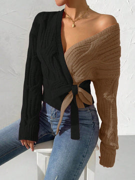 Prive cardigan cruzado con bloqueo de color y nudo frontal, para otono/invierno