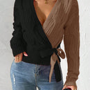 Prive cardigan cruzado con bloqueo de color y nudo frontal, para otono/invierno