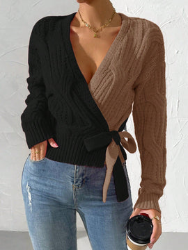 Prive cardigan cruzado con bloqueo de color y nudo frontal, para otono/invierno