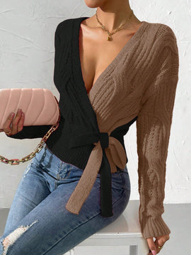 Prive cardigan cruzado con bloqueo de color y nudo frontal, para otono/invierno