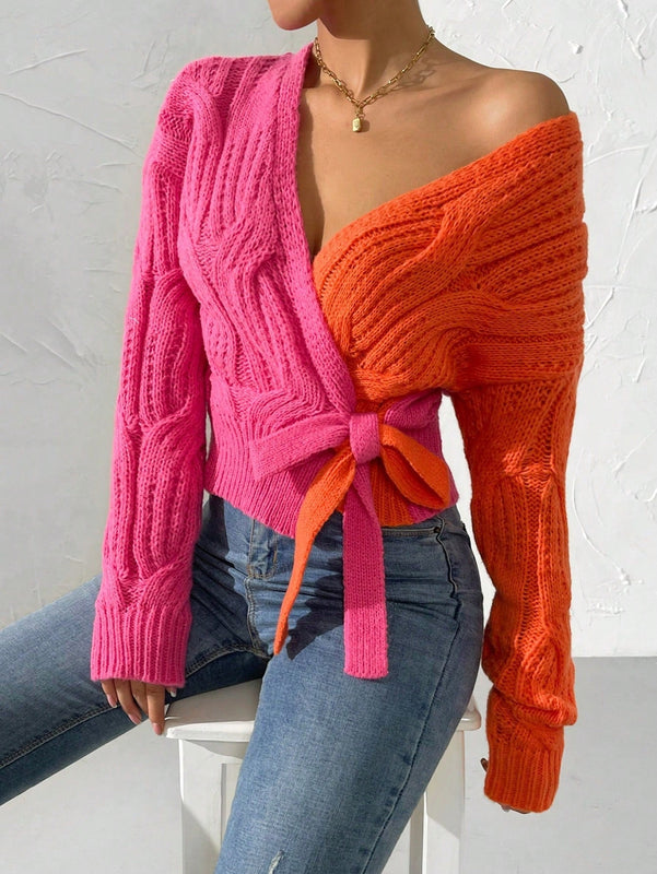 Prive cardigan cruzado con bloqueo de color y nudo frontal, para otono/invierno