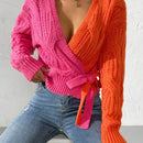 Prive cardigan cruzado con bloqueo de color y nudo frontal, para otono/invierno